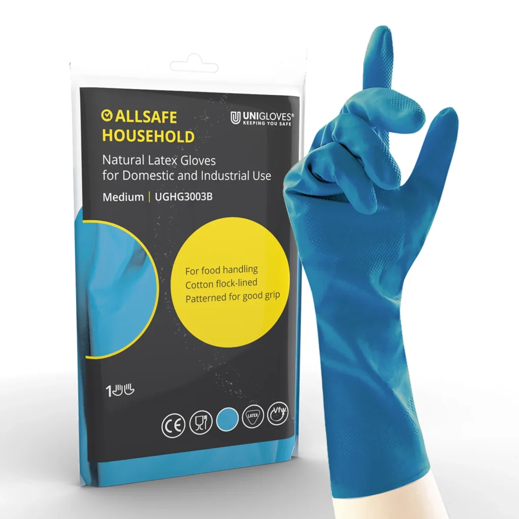 ALLSAFE Household Blue Flock Lined Rubber Gloves - 1 Pair of Ex-Large