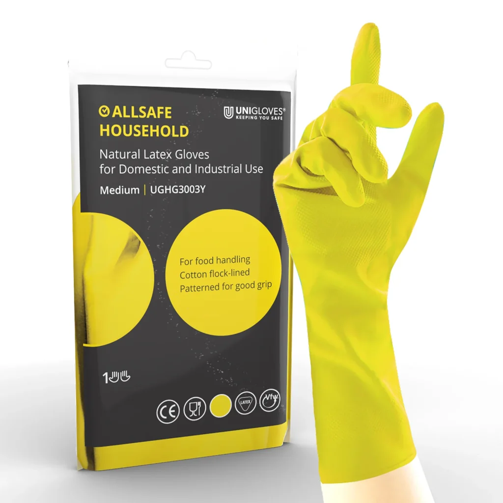 ALLSAFE Household Yellow Flock Lined Rubber Gloves - 1 Pair of Large