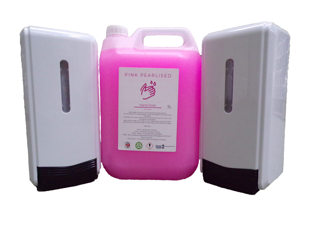 2 x Bulk Fill Liquid Soap Dispensers & 1 x 5 Litres Pink Pearl Antibacterial Hand Soap