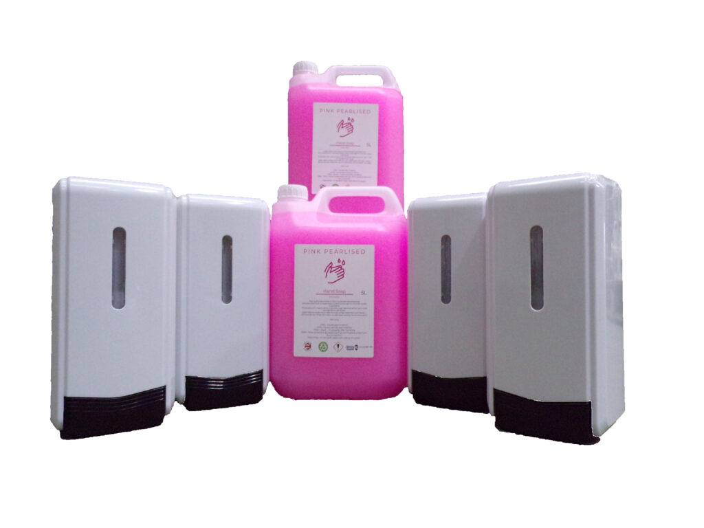 4 x Bulk Fill Liquid Soap Dispensers & 2 x 5 Litres Pink Pearl Antibacterial Hand Soap