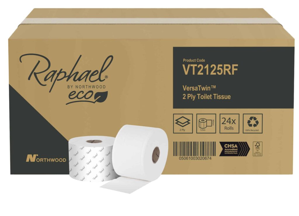 Raphael VersaTwin 2-Ply White Recycled Toilet Rolls - Case of 24 x 125m