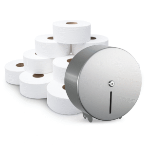 Stainless Steel Mini Jumbo Toilet Roll Dispenser & 12 Mini Jumbo Toliet Rolls
