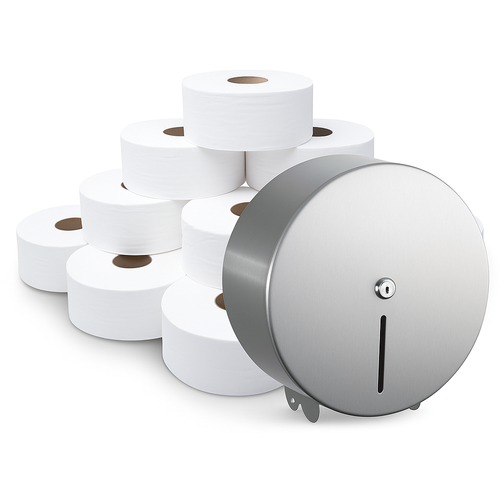 Stainless Steel Mini Jumbo Toilet Roll Dispenser & 12 Mini Jumbo Toliet Rolls