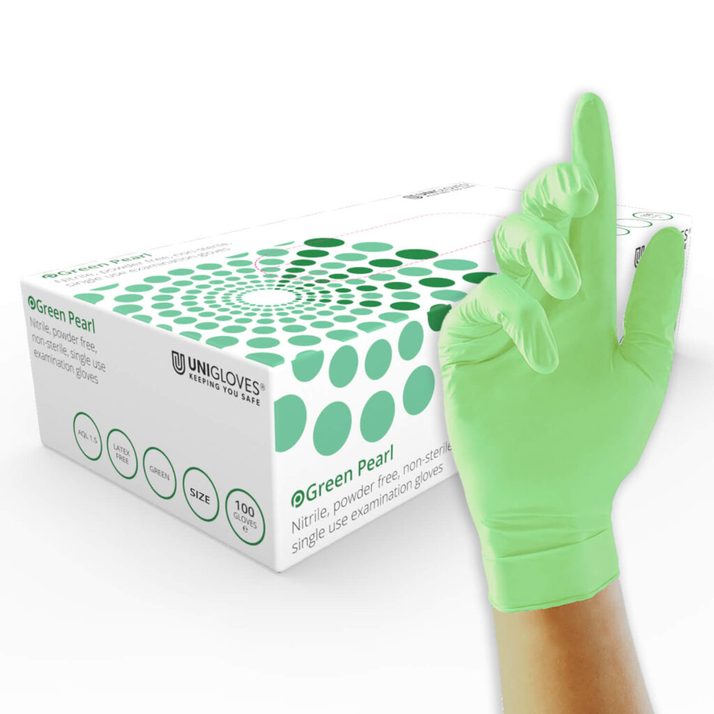 PEARL Green Powder Free Nitrile Examination Gloves - Box of 100 Large