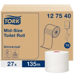 Tork 127540 Mid-Size White 1-Ply Toilet Rolls - Case of 27 x 135m