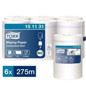 Tork 151131 White 1-Ply Centrefeed Wiping Rolls - 6 x 275m