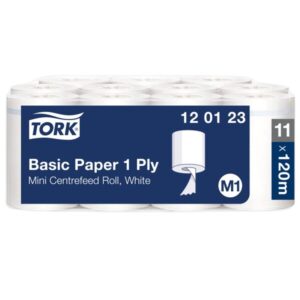 Tork 120123 White 1-Ply Basic Mini Centrefeed Rolls - Case of 11 x 120m