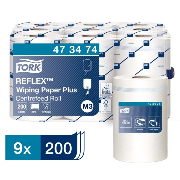 Tork 473474 White 2-Ply Reflex Wiping Paper Plus - Case of 9 x 67 Metres