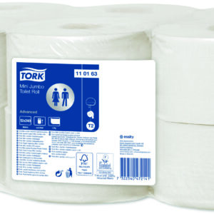 Tork 110163 Advanced 1-Ply Mini Jumbo White Toilet Roll - 12 x 240m
